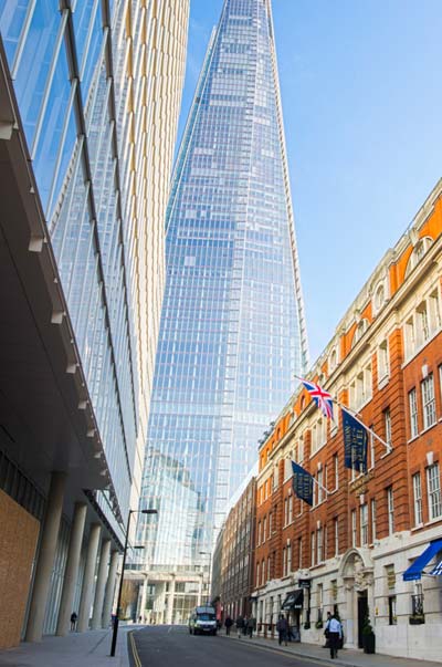 Looking up at the majestic Shard from the street