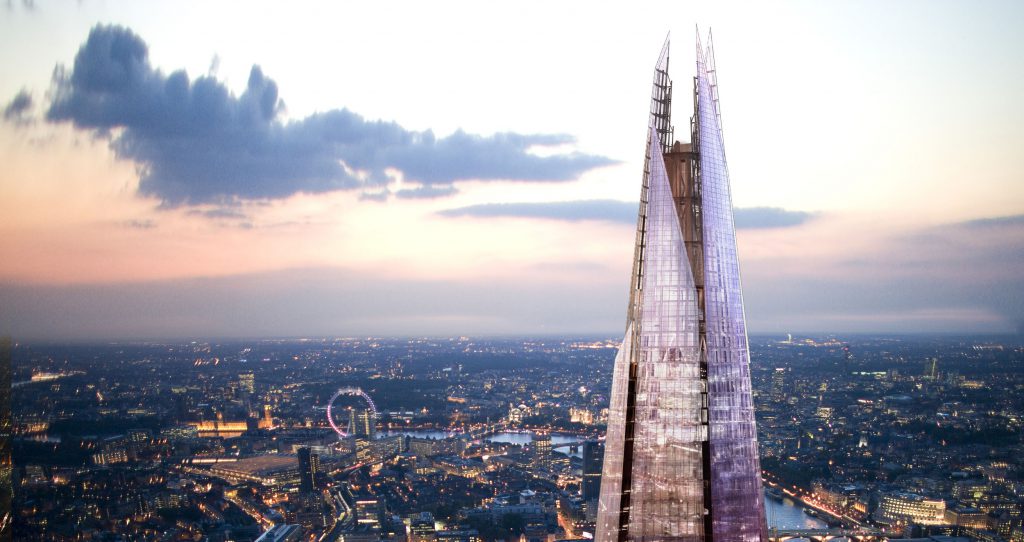 Skyline view of London with The Shard in the foreground
