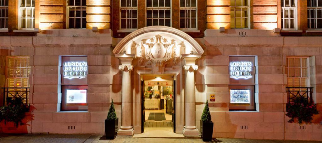 The front of the hotel, looking inviting in the evening